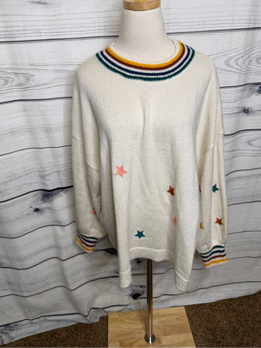 Maurices Cream Crewneck Sweater with Multicolor Star Accents